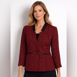 Kasper Red Black Geometric Blazer Size 10 Career Jacket